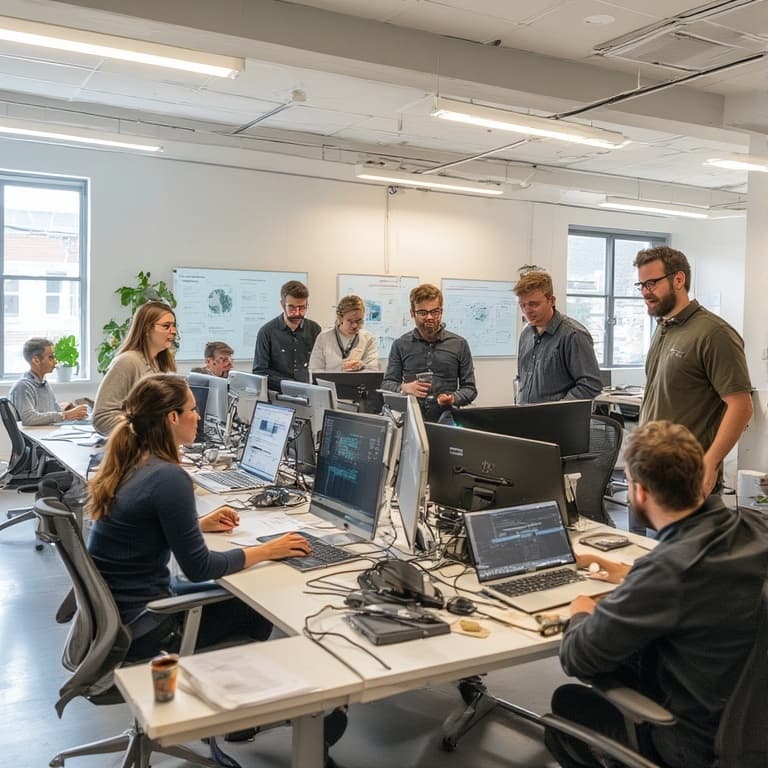 Business team discussing strategy near a robot.