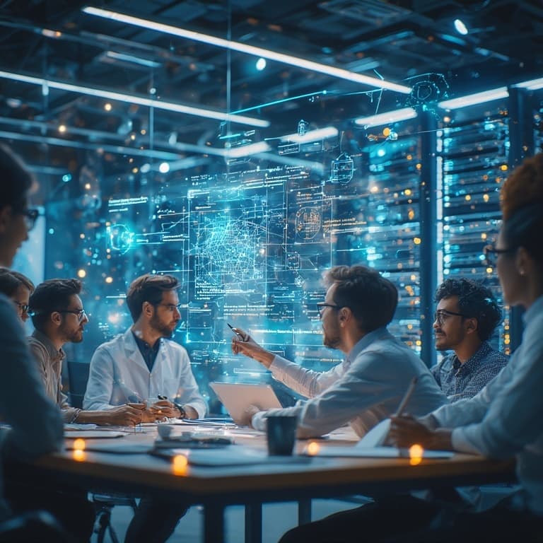 Team of professionals analyzing data on multiple screens.